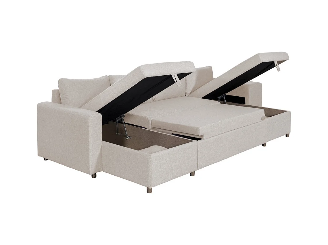 Canapé d'angle panoramique Oslo convertible avec coffres et poufs à droite - Tissu - Beige - L311 x P146 x H81cm - Loungitude