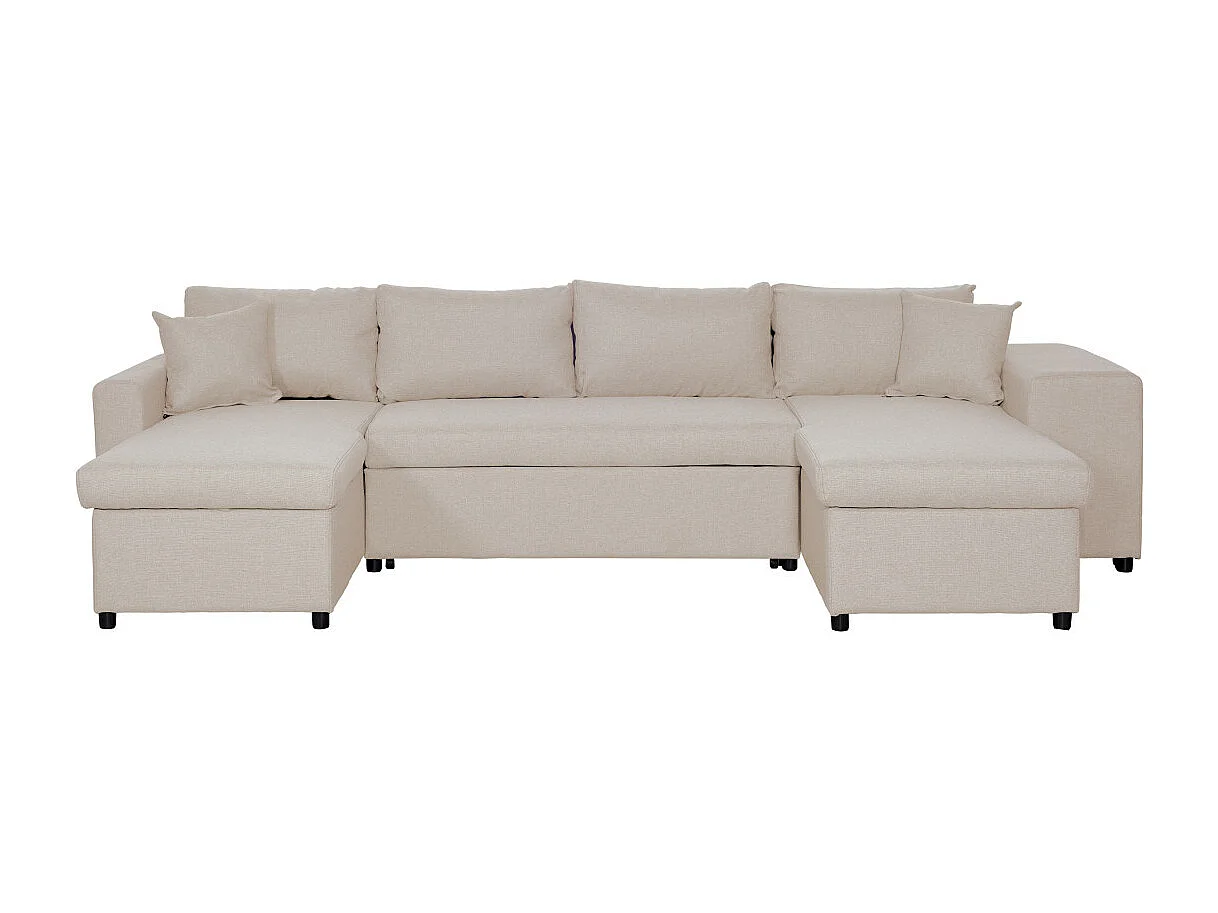 Canapé d'angle panoramique Oslo convertible avec coffres et poufs à droite - Tissu - Beige - L311 x P146 x H81cm - Loungitude