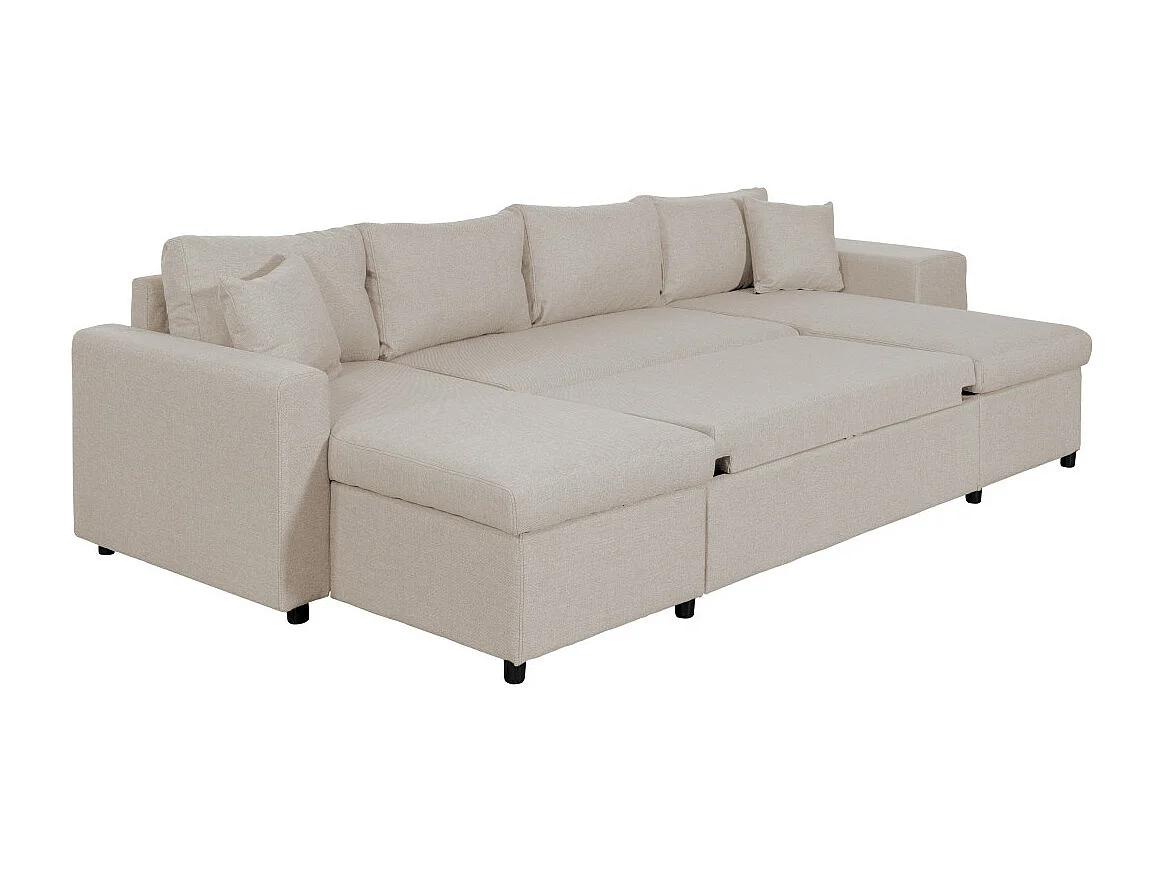 Canapé d'angle panoramique Oslo convertible avec coffres et poufs à droite - Tissu - Beige - L311 x P146 x H81cm - Loungitude