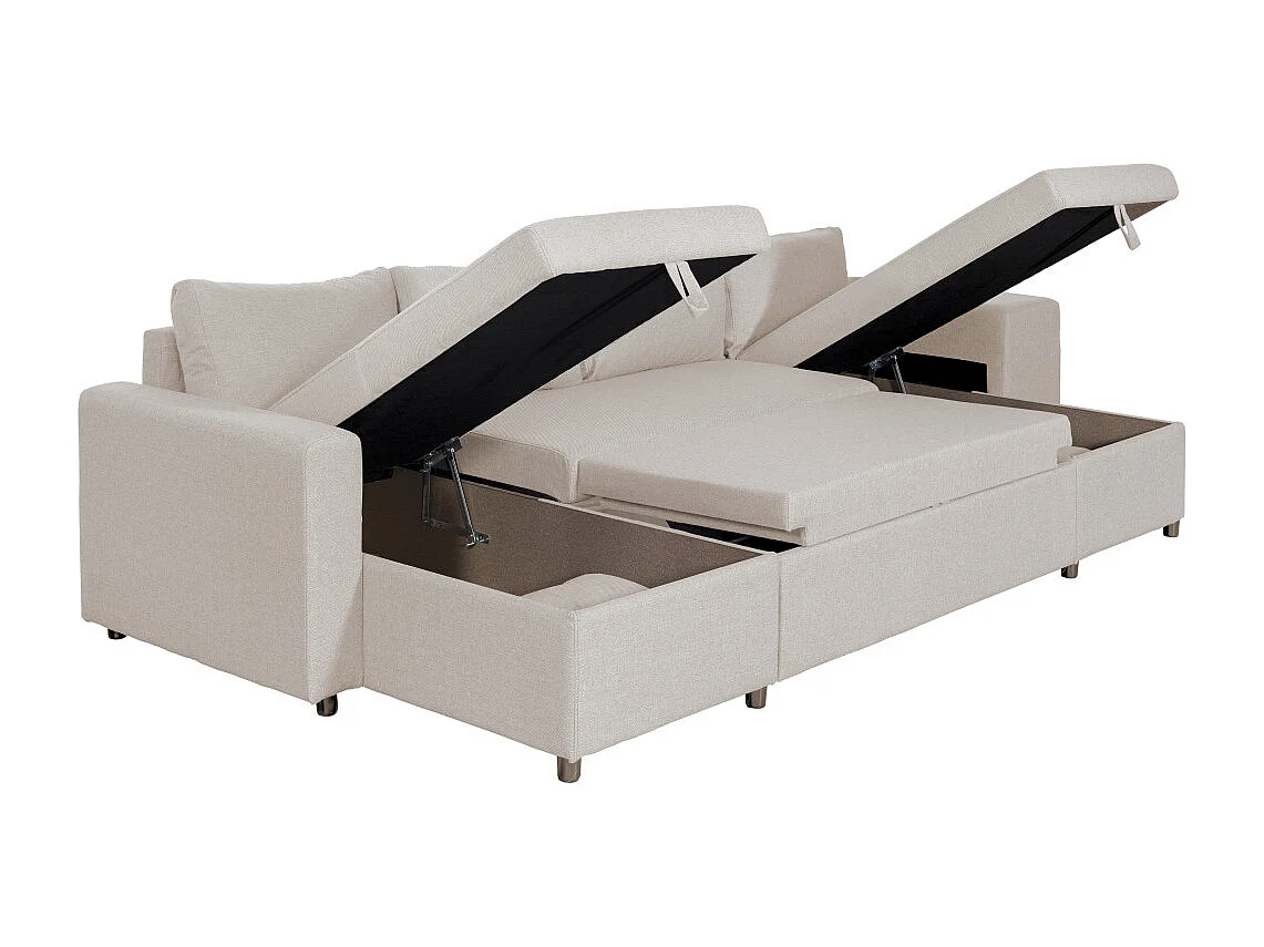 Canapé d'angle panoramique Oslo convertible avec coffres et poufs à droite - Tissu - Beige - L311 x P146 x H81cm - Loungitude