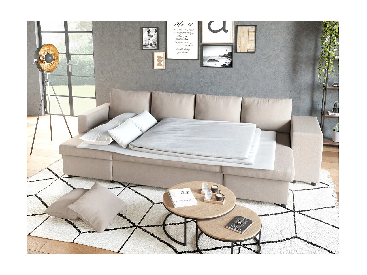 Canapé d'angle panoramique Oslo convertible avec coffres et poufs à droite - Tissu - Beige - L311 x P146 x H81cm - Loungitude