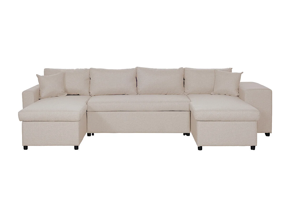 Canapé d'angle panoramique Oslo convertible avec coffres et poufs à droite - Tissu - Beige - L311 x P146 x H81cm - Loungitude