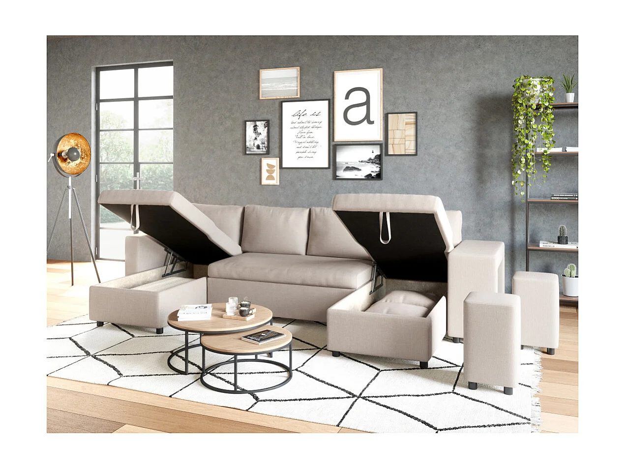 Canapé d'angle panoramique Oslo convertible avec coffres et poufs à droite - Tissu - Beige - L311 x P146 x H81cm - Loungitude