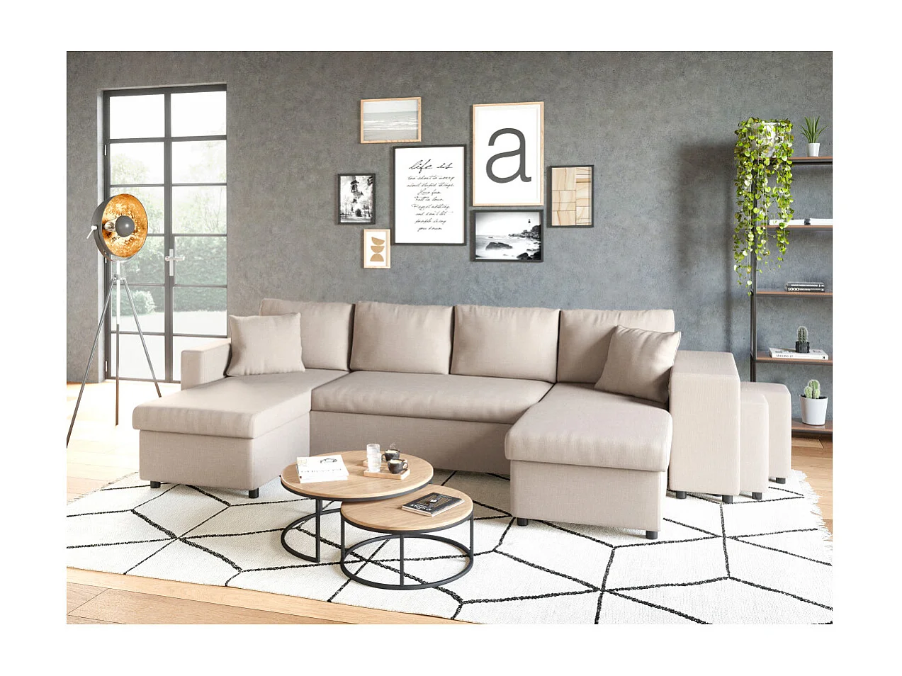 Canapé d'angle panoramique Oslo convertible avec coffres et poufs à droite - Tissu - Beige - L311 x P146 x H81cm - Loungitude