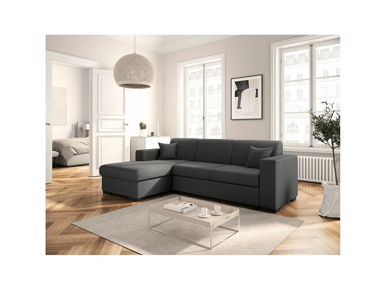 Canapé d'angle gauche 4 places Fuji XL convertible avec coffre en tissu - Gris anthracite - L262 x 157 x 83cm - Loungitude