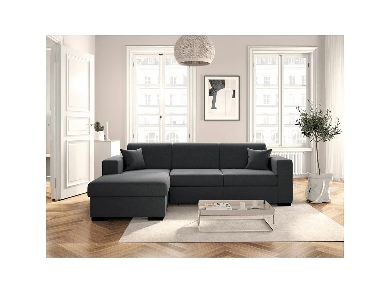 Canapé d'angle gauche 4 places Fuji XL convertible avec coffre en tissu - Gris anthracite - L262 x 157 x 83cm - Loungitude