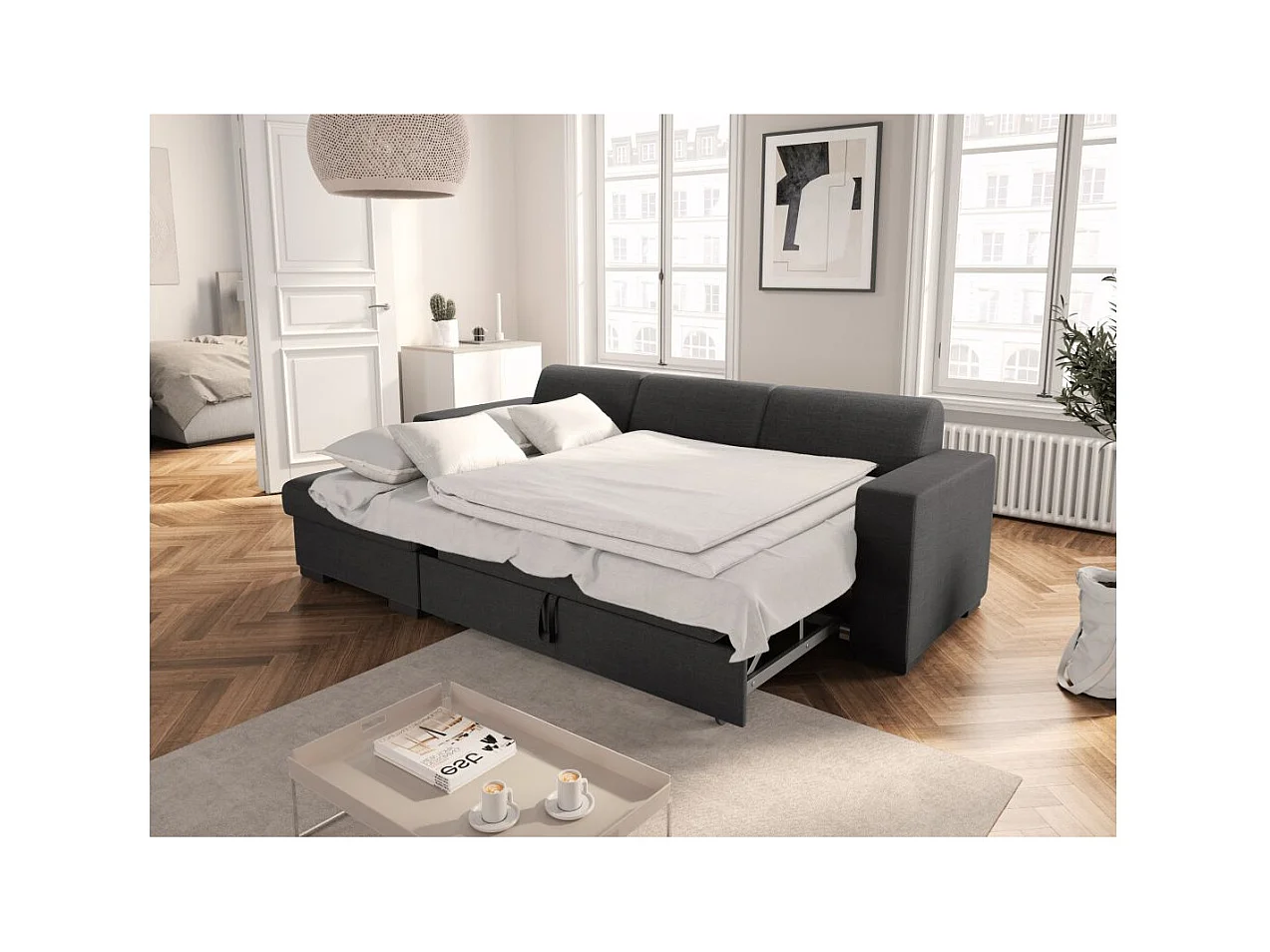 Canapé d'angle gauche 4 places Fuji XL convertible avec coffre en tissu - Gris anthracite - L262 x 157 x 83cm - Loungitude