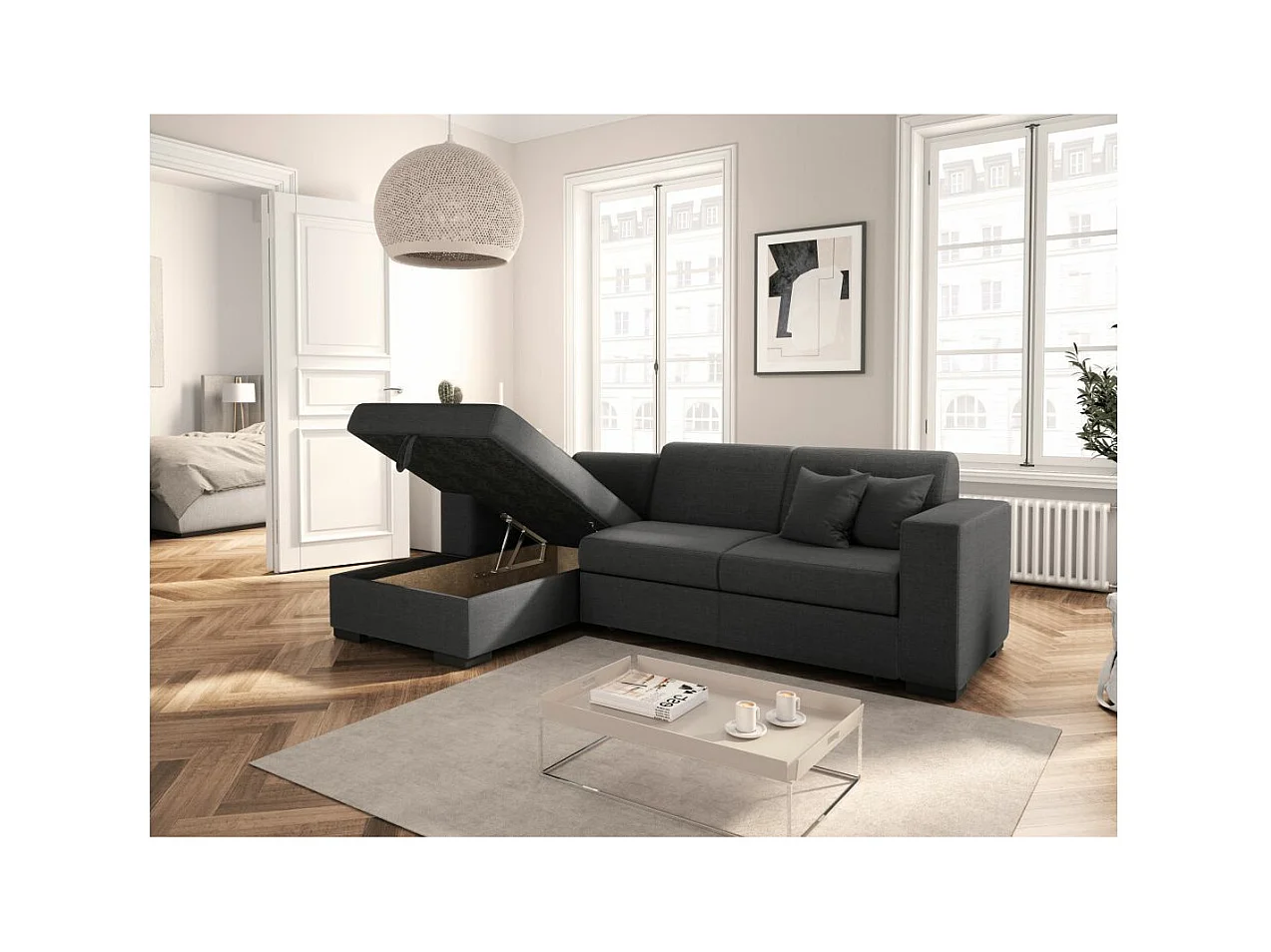 Canapé d'angle gauche 4 places Fuji XL convertible avec coffre en tissu - Gris anthracite - L262 x 157 x 83cm - Loungitude