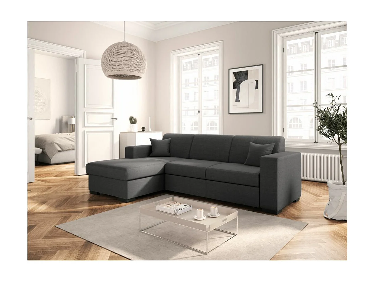Canapé d'angle gauche 4 places Fuji XL convertible avec coffre en tissu - Gris anthracite - L262 x 157 x 83cm - Loungitude