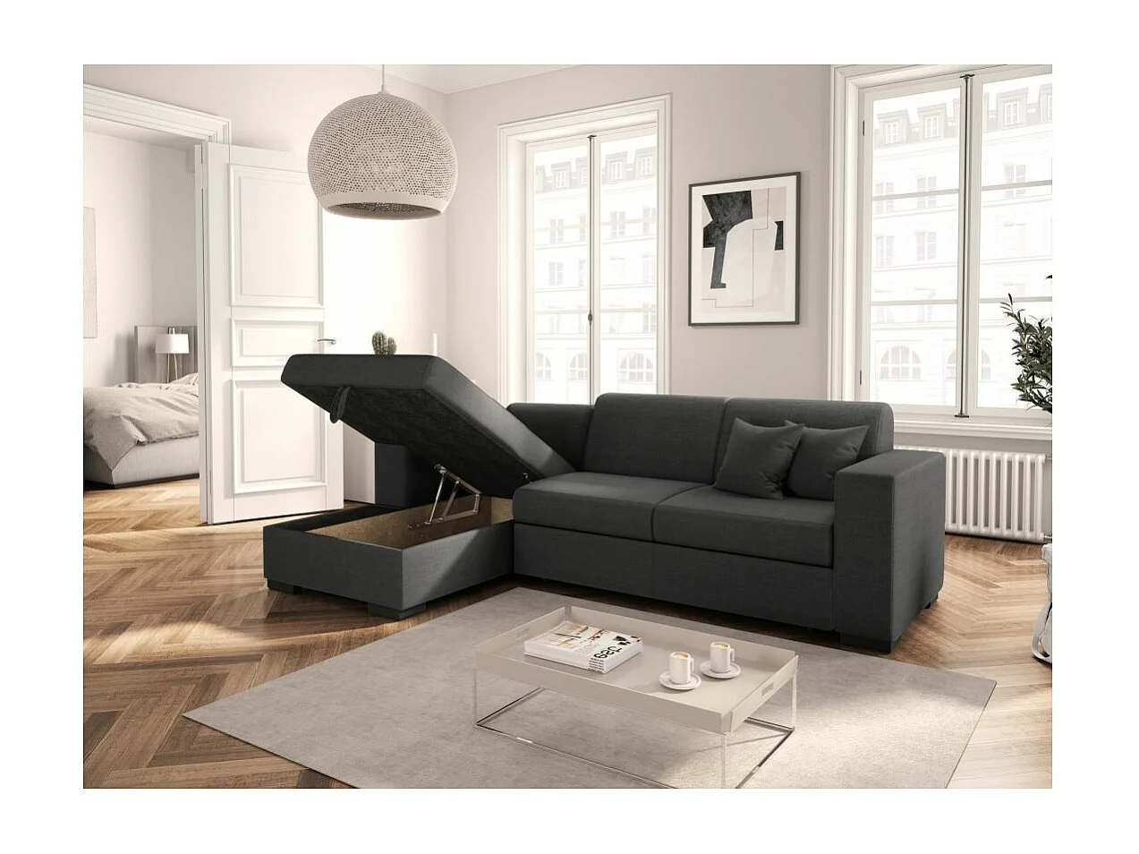 Canapé d'angle gauche 4 places Fuji XL convertible avec coffre en tissu - Gris anthracite - L262 x 157 x 83cm - Loungitude