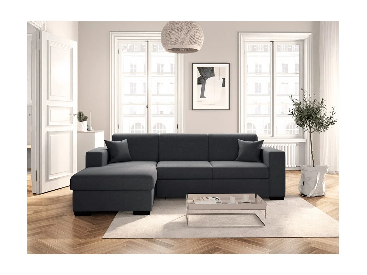 Canapé d'angle gauche 4 places Fuji XL convertible avec coffre en tissu - Gris anthracite - L262 x 157 x 83cm - Loungitude