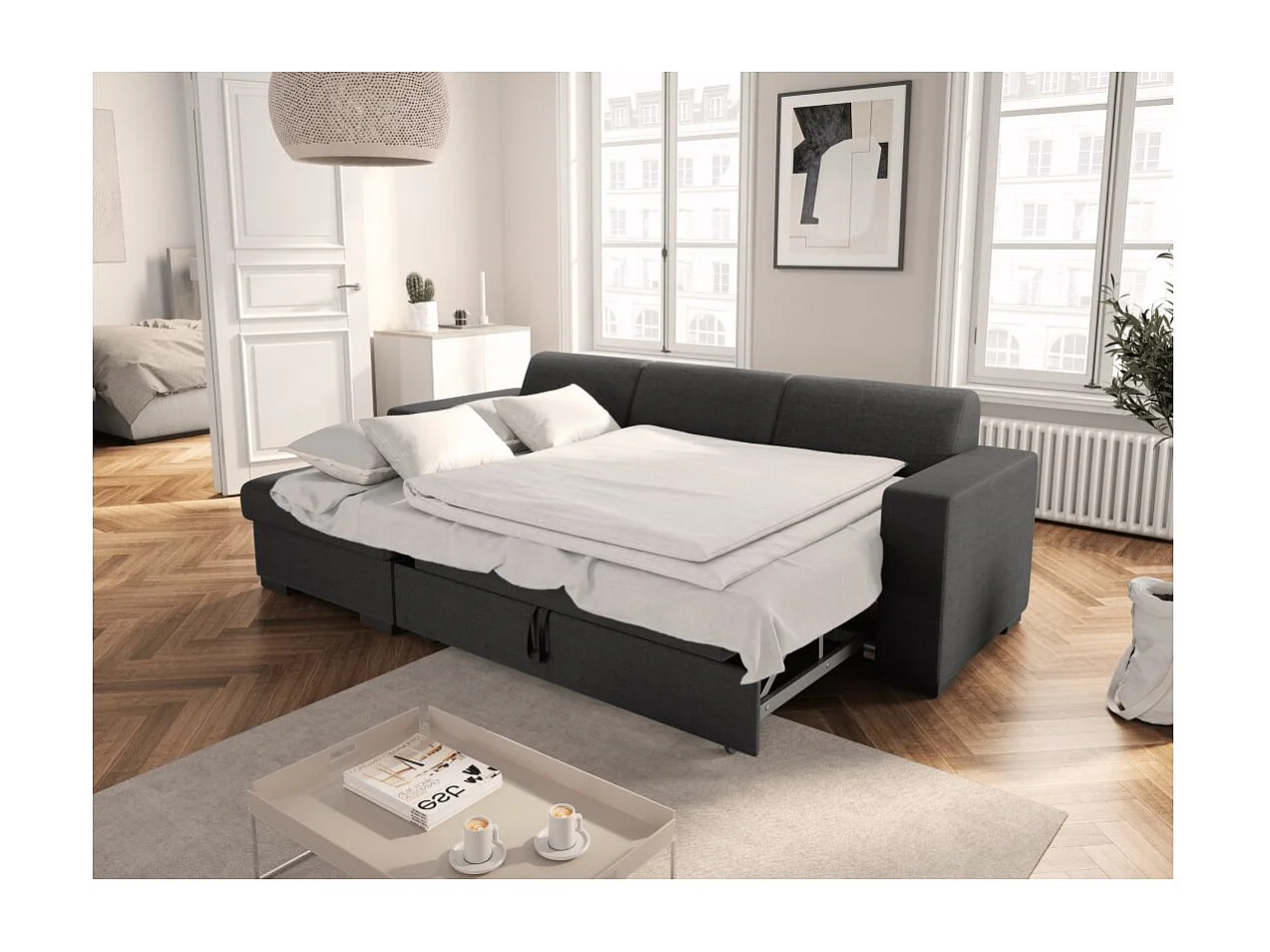 Canapé d'angle gauche 4 places Fuji XL convertible avec coffre en tissu - Gris anthracite - L262 x 157 x 83cm - Loungitude