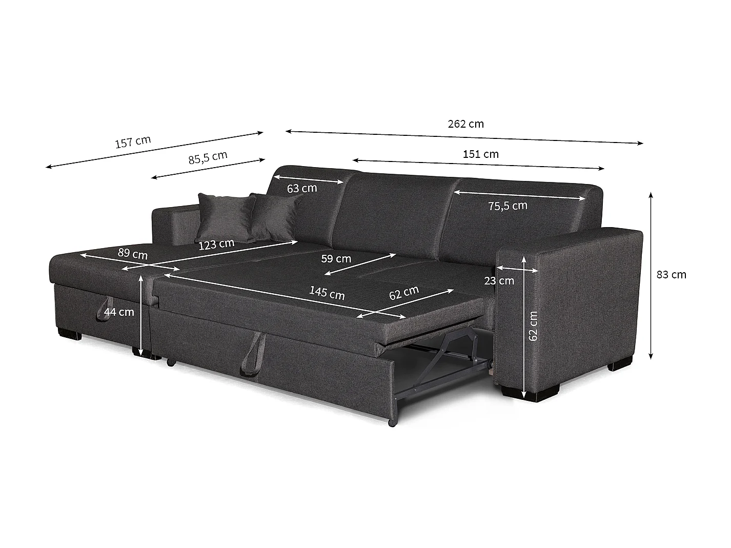 Canapé d'angle gauche 4 places Fuji XL convertible avec coffre en tissu - Gris anthracite - L262 x 157 x 83cm - Loungitude