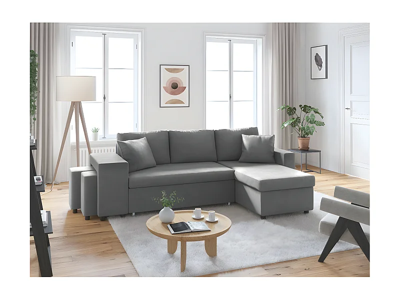Canapé d'angle 3 places réversible Oslo avec coffre et poufs gauche en microfibre - Gris - L241 x P146 x H81cm - Loungitude