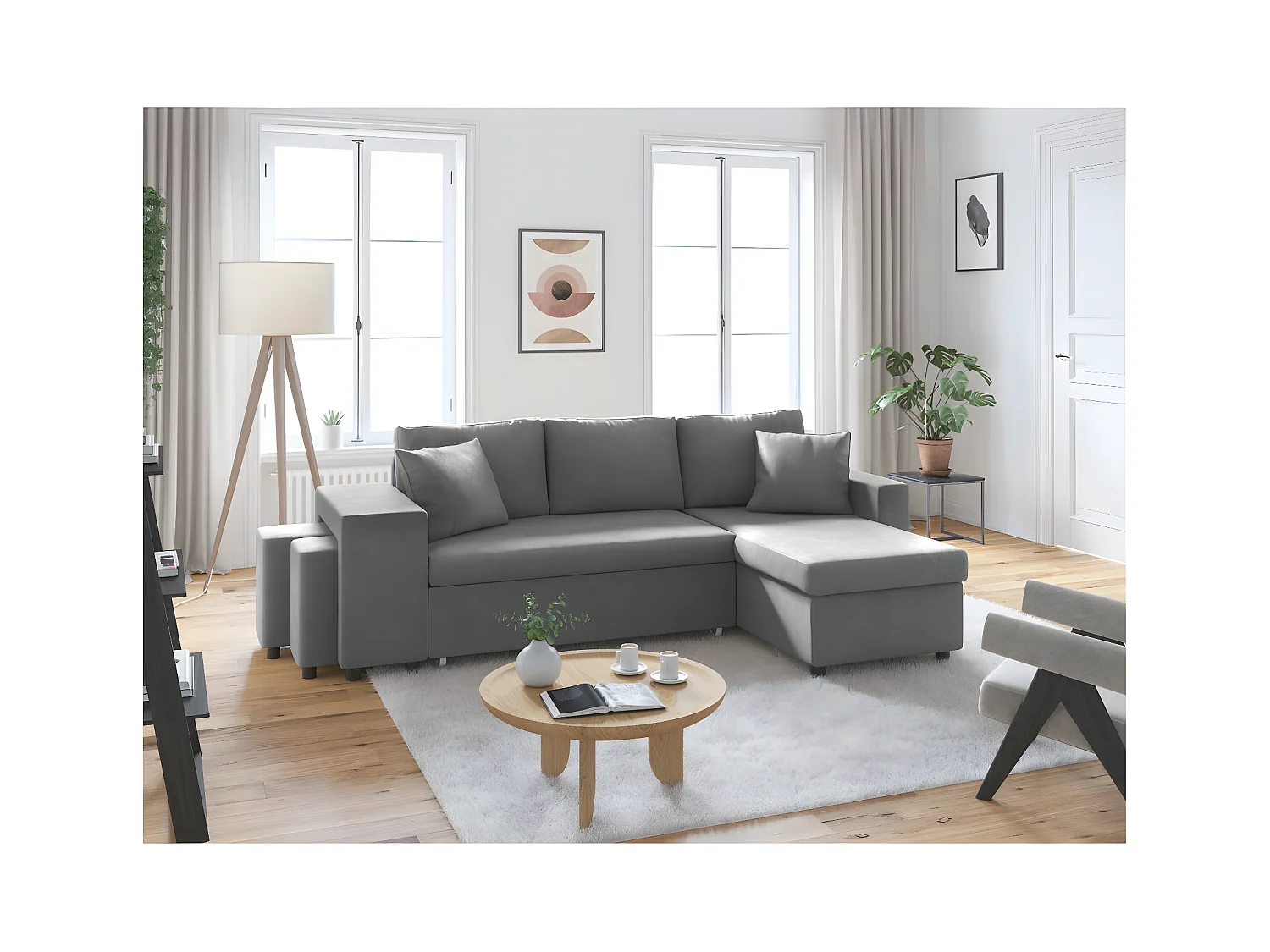 Canapé d'angle 3 places réversible Oslo avec coffre et poufs gauche en microfibre - Gris - L241 x P146 x H81cm - Loungitude