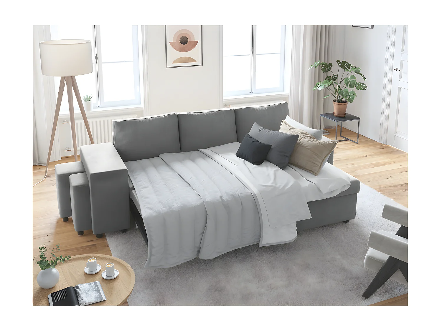 Canapé d'angle 3 places réversible Oslo avec coffre et poufs gauche en microfibre - Gris - L241 x P146 x H81cm - Loungitude
