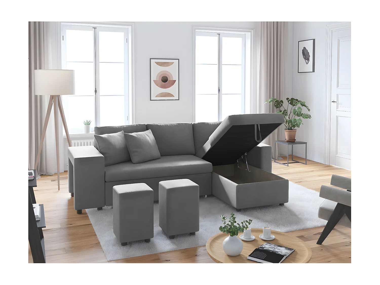Canapé d'angle 3 places réversible Oslo avec coffre et poufs gauche en microfibre - Gris - L241 x P146 x H81cm - Loungitude