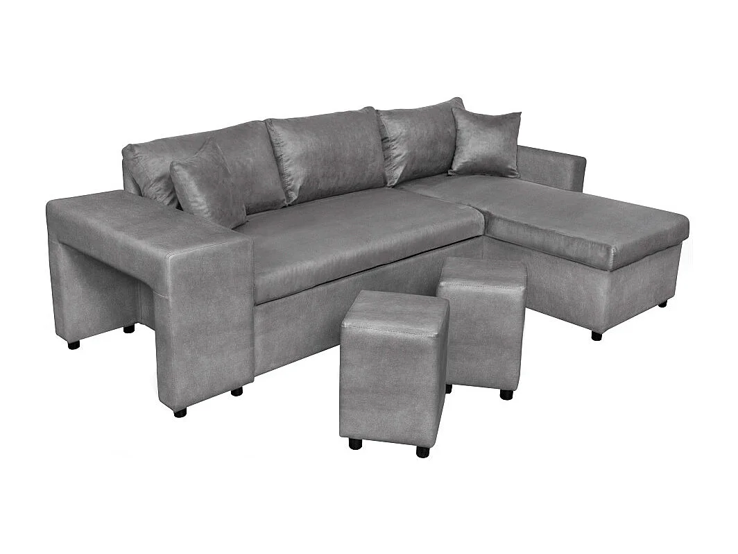Canapé d'angle 3 places réversible Oslo avec coffre et poufs gauche en microfibre - Gris - L241 x P146 x H81cm - Loungitude