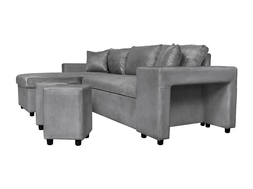 Canapé d'angle 3 places réversible Oslo avec coffre et poufs gauche en microfibre - Gris - L241 x P146 x H81cm - Loungitude