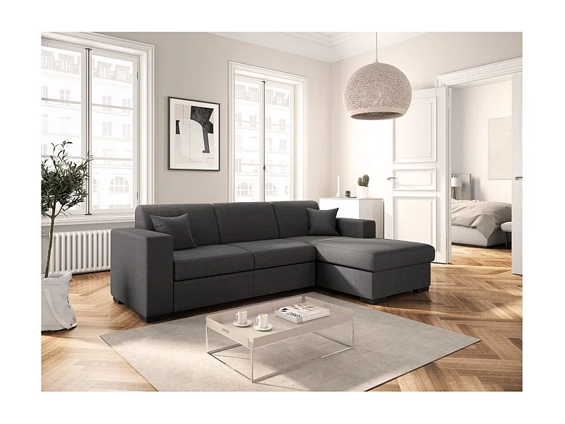 Canapé d'angle droit 4 places Fuji XL convertible avec coffre en tissu - Gris anthracite - L262 x 157 x 83cm - Loungitude