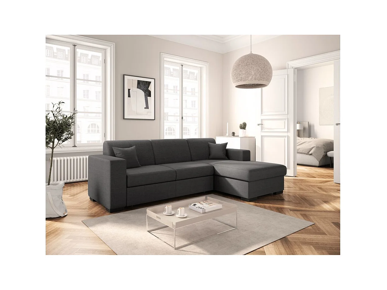 Canapé d'angle droit 4 places Fuji XL convertible avec coffre en tissu - Gris anthracite - L262 x 157 x 83cm - Loungitude