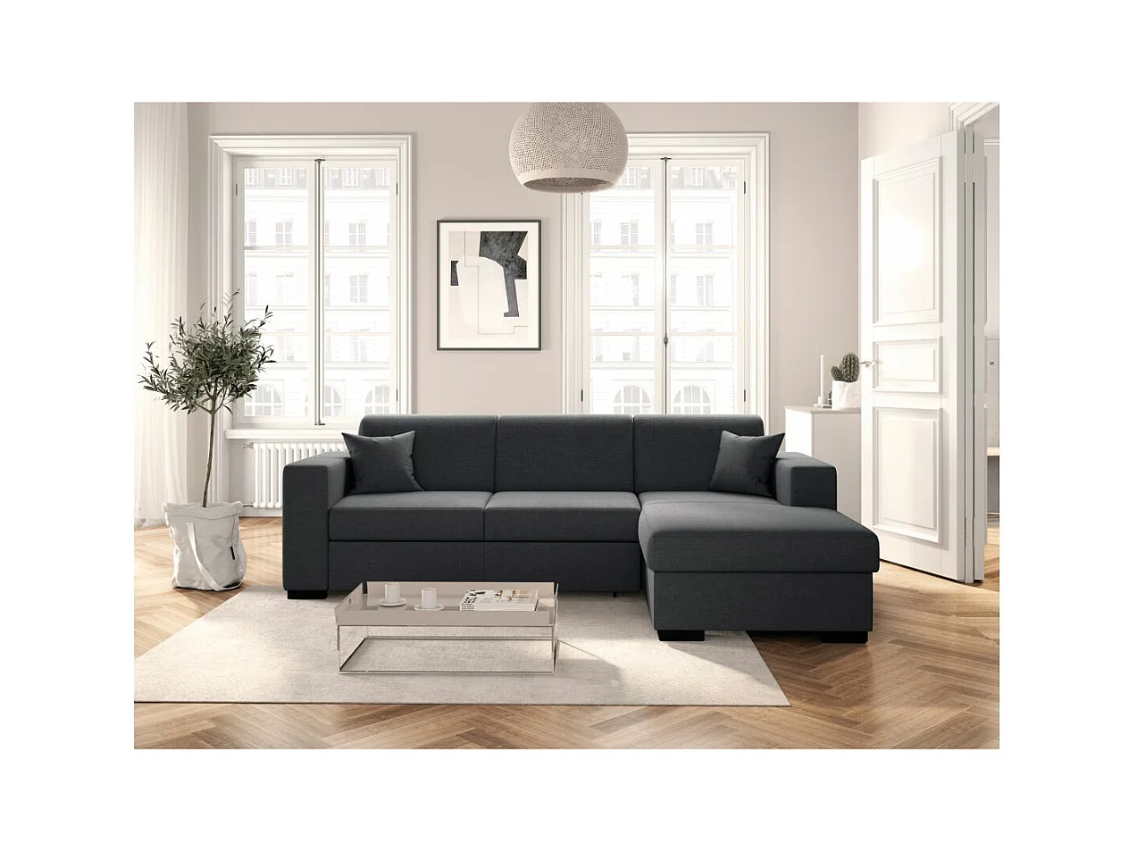 Canapé d'angle droit 4 places Fuji XL convertible avec coffre en tissu - Gris anthracite - L262 x 157 x 83cm - Loungitude