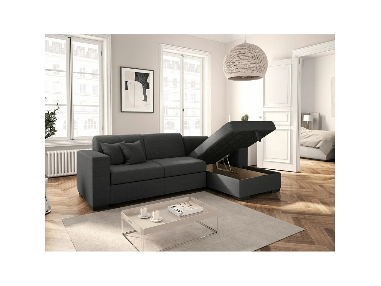 Canapé d'angle droit 4 places Fuji XL convertible avec coffre en tissu - Gris anthracite - L262 x 157 x 83cm - Loungitude