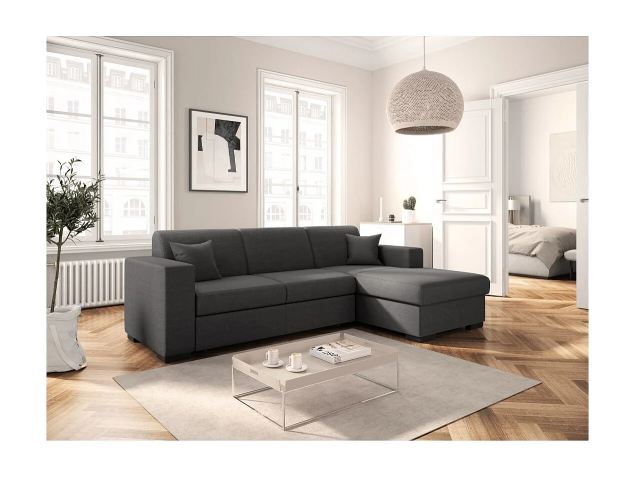 Canapé d'angle droit 4 places Fuji XL convertible avec coffre en tissu - Gris anthracite - L262 x 157 x 83cm - Loungitude