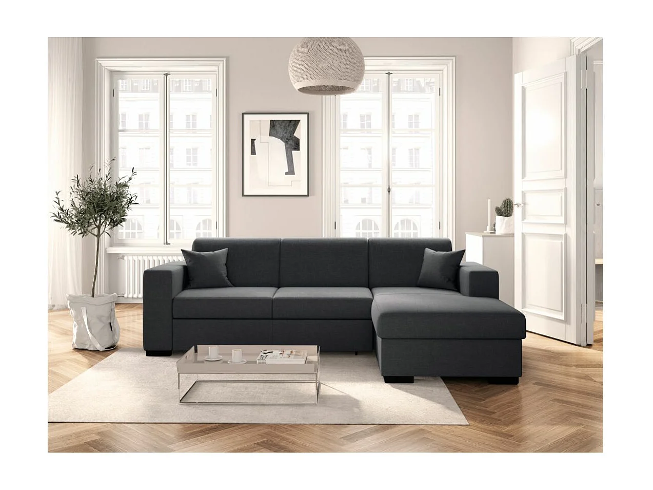 Canapé d'angle droit 4 places Fuji XL convertible avec coffre en tissu - Gris anthracite - L262 x 157 x 83cm - Loungitude