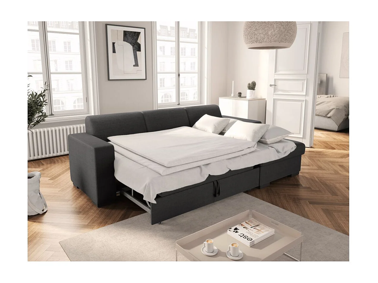 Canapé d'angle droit 4 places Fuji XL convertible avec coffre en tissu - Gris anthracite - L262 x 157 x 83cm - Loungitude