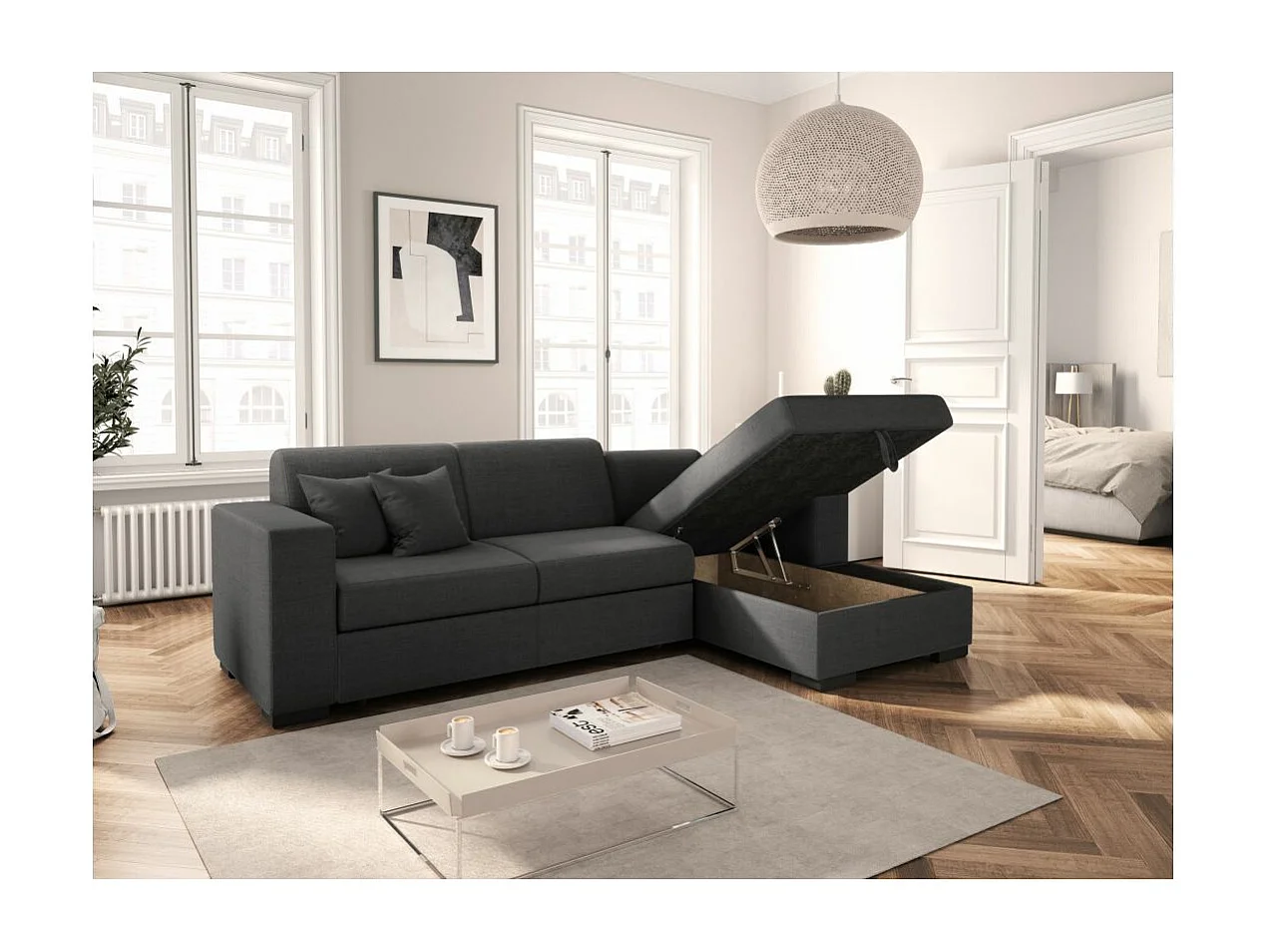 Canapé d'angle droit 4 places Fuji XL convertible avec coffre en tissu - Gris anthracite - L262 x 157 x 83cm - Loungitude
