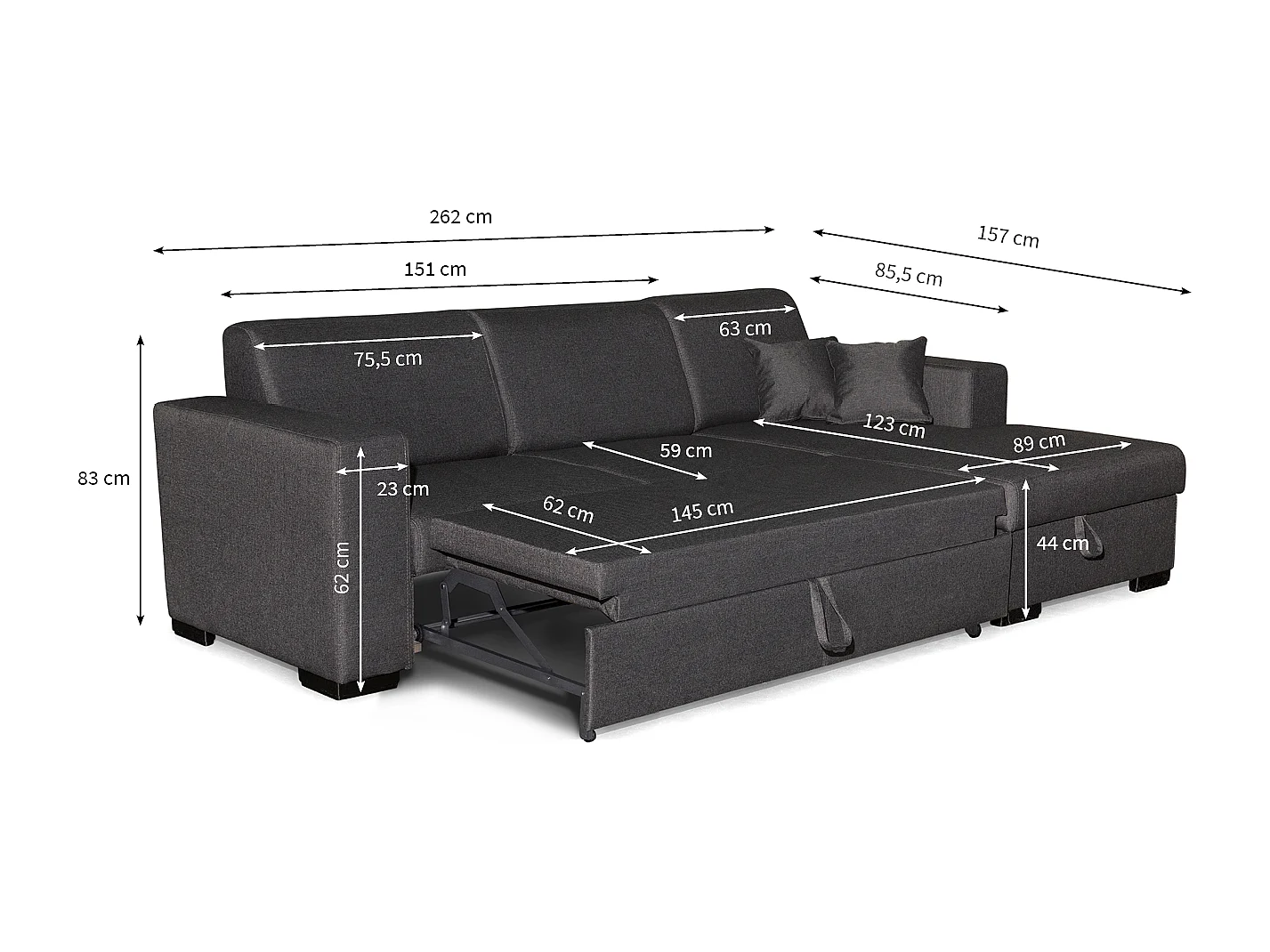 Canapé d'angle droit 4 places Fuji XL convertible avec coffre en tissu - Gris anthracite - L262 x 157 x 83cm - Loungitude