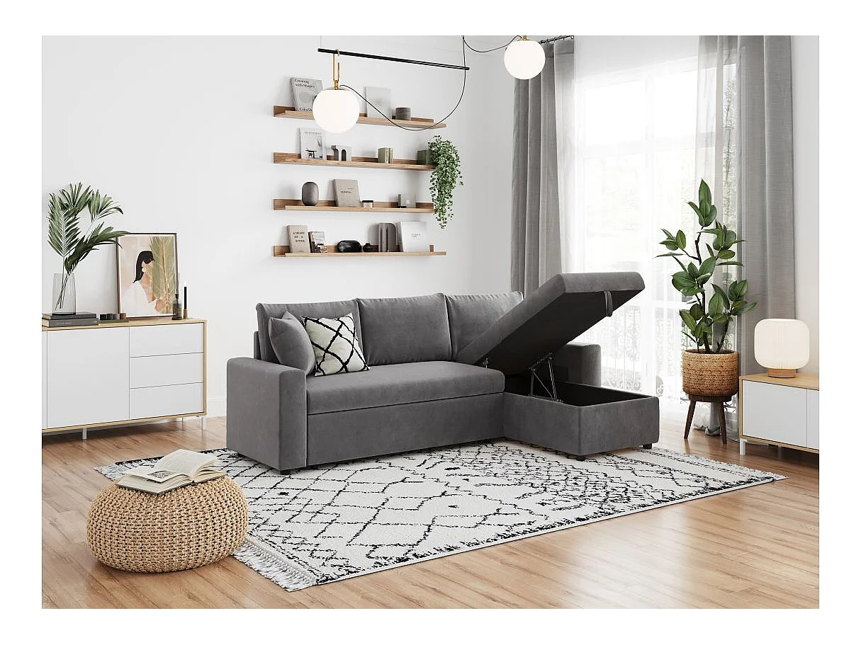 Canapé d'angle 3 places Maria Réversible et convertible avec Coffre en microfibre - Gris - L227 x P146 x H81cm - Loungitude
