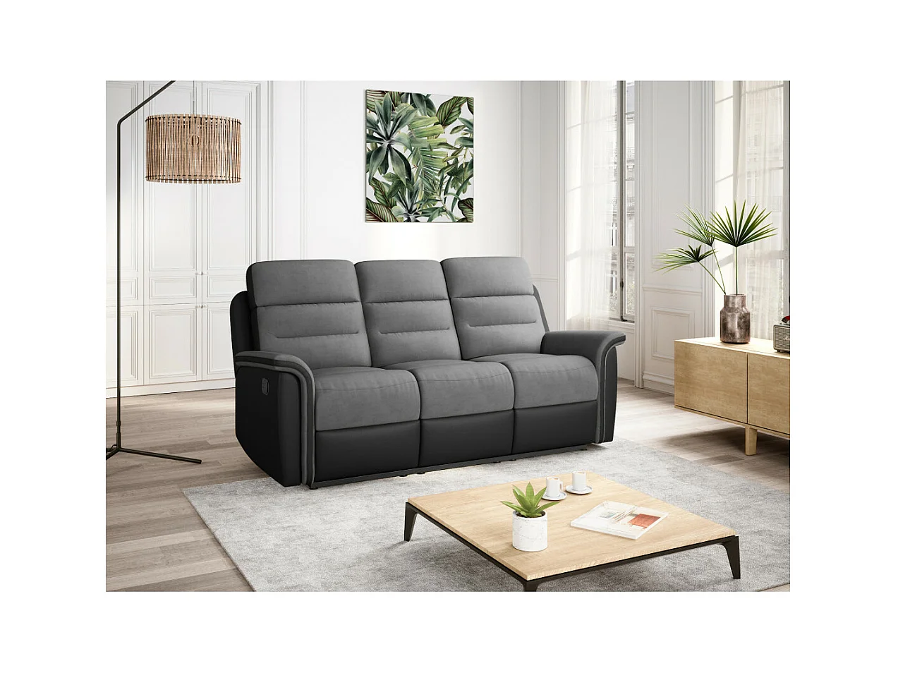 Canapé de Relaxation 3 places en Microfibre et Simili Léon - Gris et Noir - L191 x 94 x 100cm - Loungitude