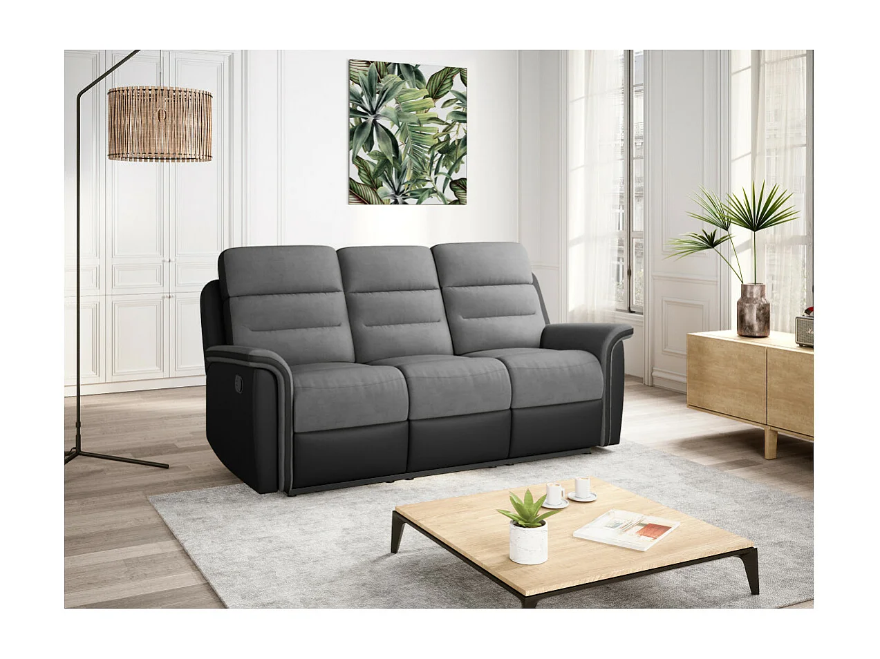 Canapé de Relaxation 3 places en Microfibre et Simili Léon - Gris et Noir - L191 x 94 x 100cm - Loungitude