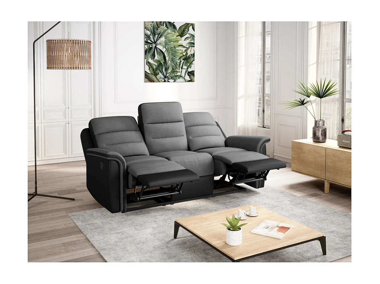 Canapé de Relaxation 3 places en Microfibre et Simili Léon - Gris et Noir - L191 x 94 x 100cm - Loungitude