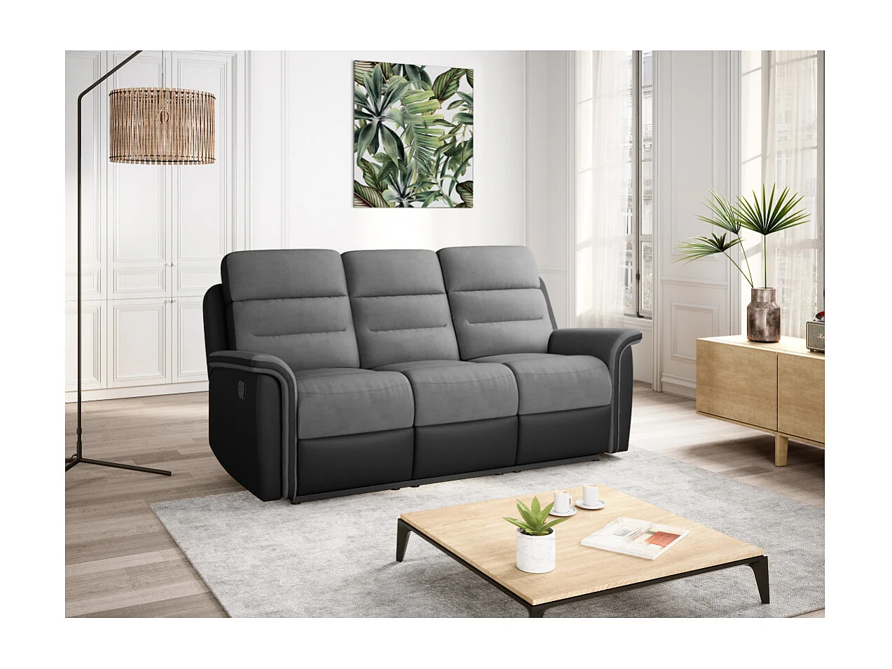 Canapé de Relaxation 3 places en Microfibre et Simili Léon - Gris et Noir - L191 x 94 x 100cm - Loungitude