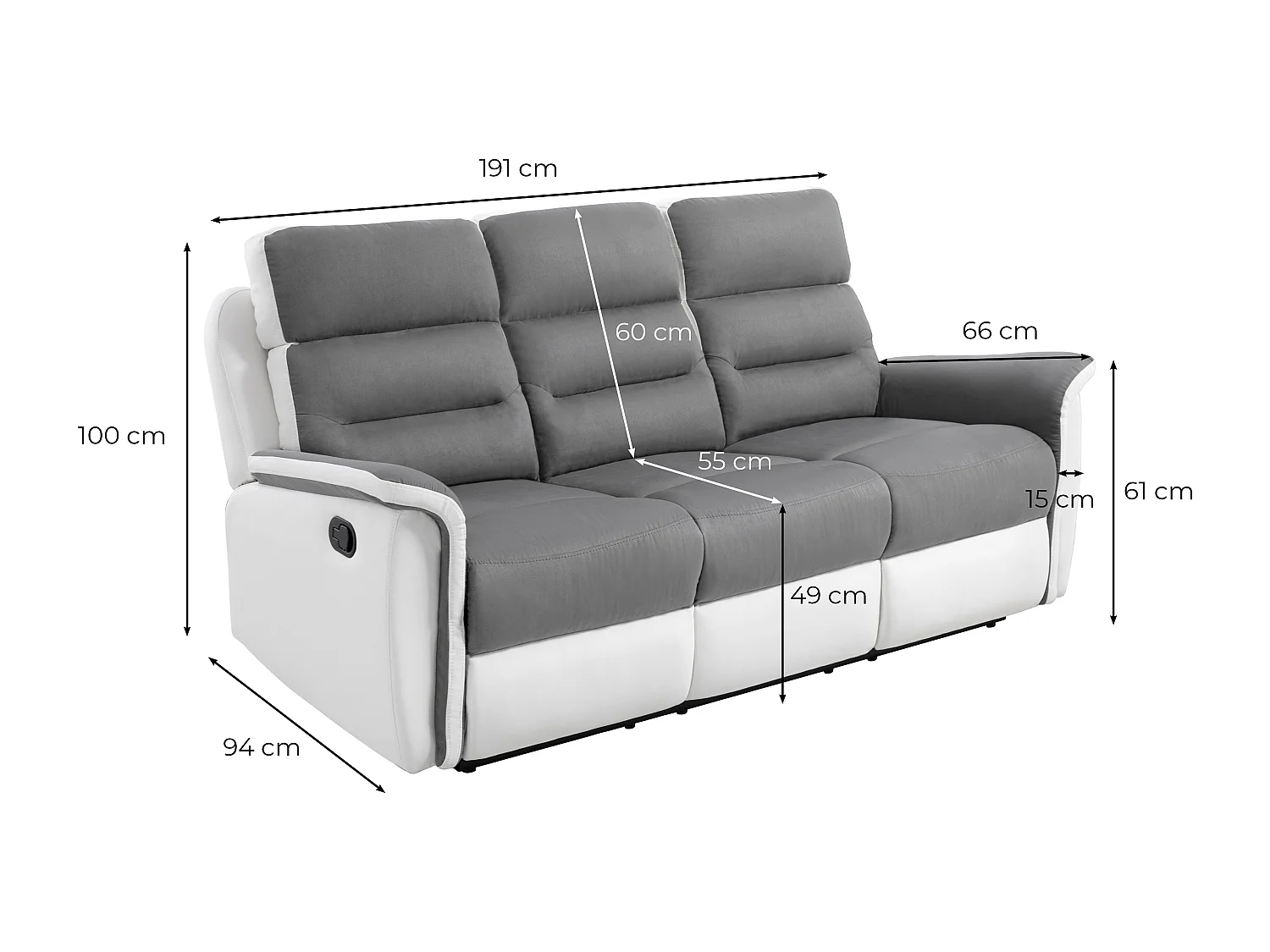 Canapé de Relaxation 3 places en Microfibre et Simili Léon - Gris et Noir - L191 x 94 x 100cm - Loungitude