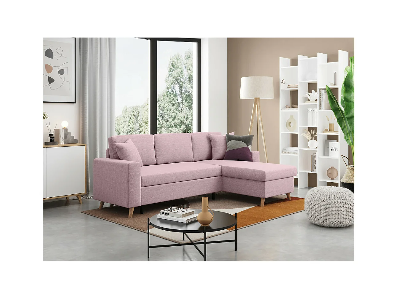 Canapé d'angle Maria scandinave Réversible et Convertible Avec Coffre en Tissu - Vieux rose - L227 x 148 x 95cm - Loungitude