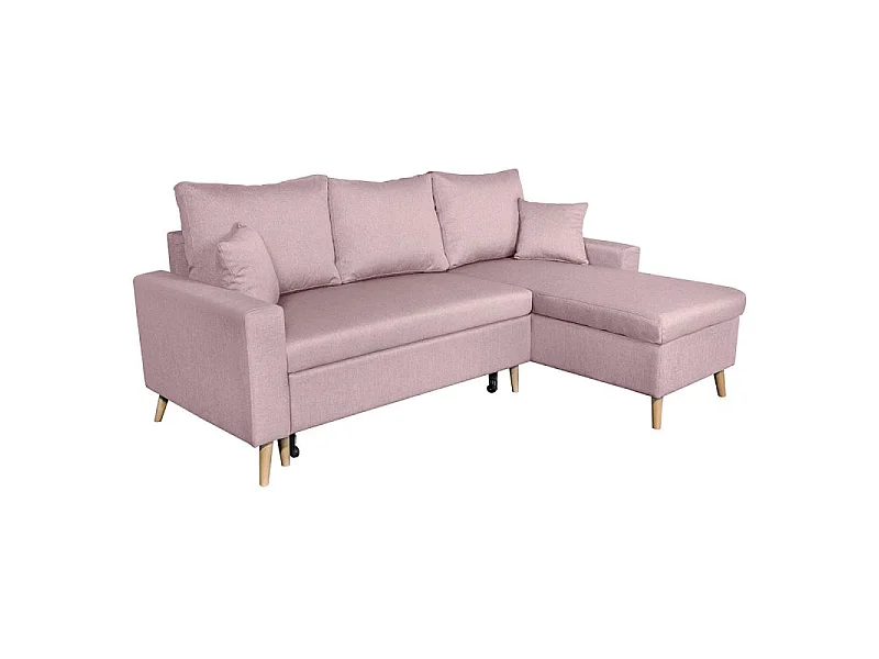 Canapé d'angle convertible 4 places avec coffre en tissu rose MARIA