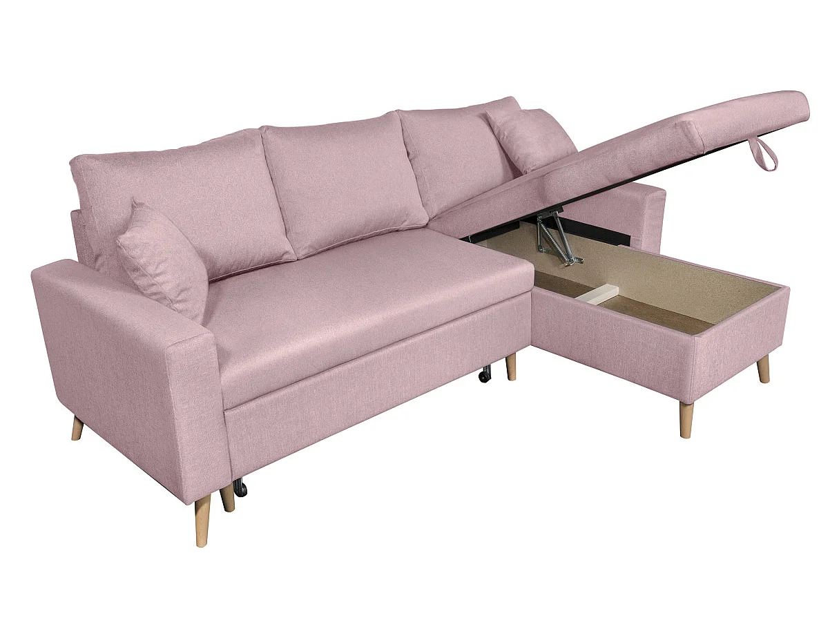 Canapé d'angle convertible 4 places avec coffre en tissu rose MARIA