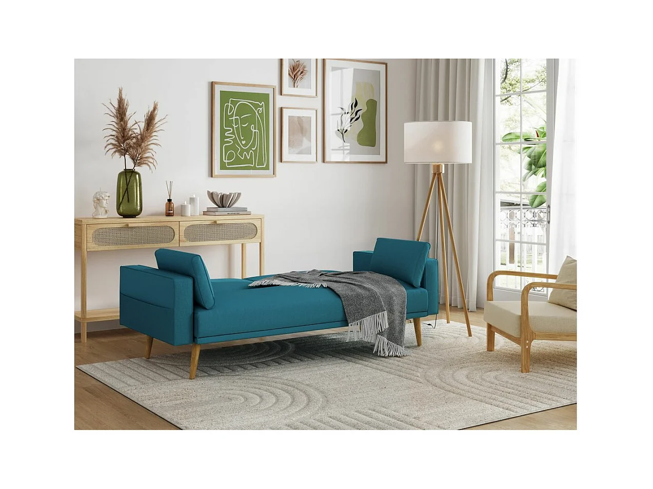 Canapé droit scandinave Elga convertible 3 places en tissu - Bleu - L205 x 87 x 85cm - Loungitude