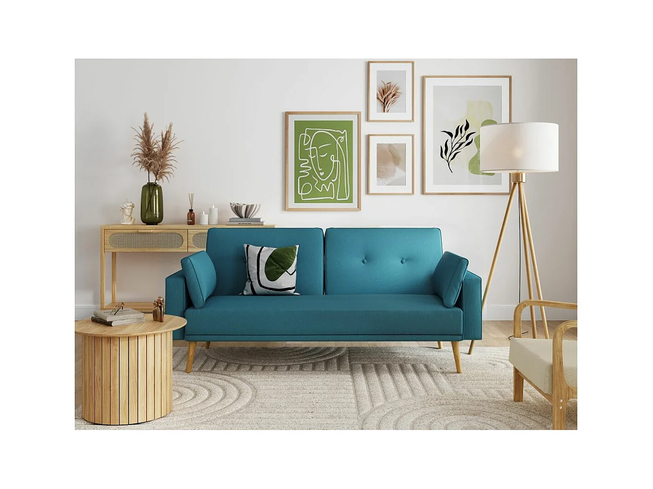 Canapé droit scandinave Elga convertible 3 places en tissu - Bleu - L205 x 87 x 85cm - Loungitude