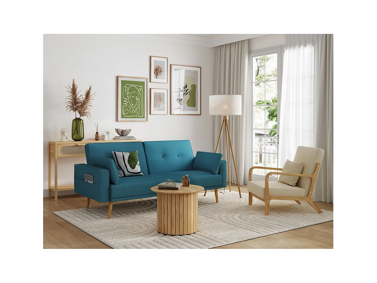 Canapé droit scandinave Elga convertible 3 places en tissu - Bleu - L205 x 87 x 85cm - Loungitude