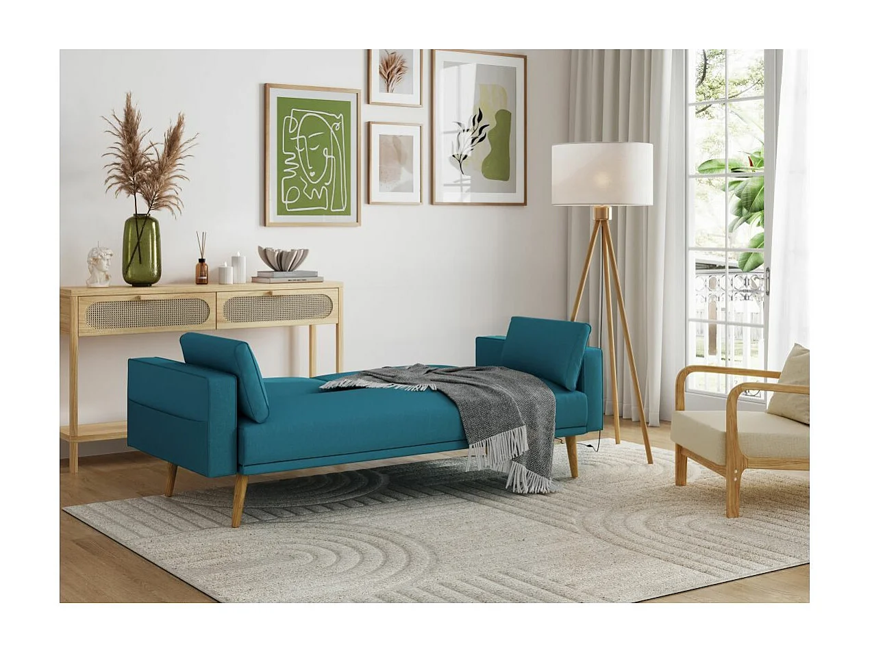 Canapé droit scandinave Elga convertible 3 places en tissu - Bleu - L205 x 87 x 85cm - Loungitude