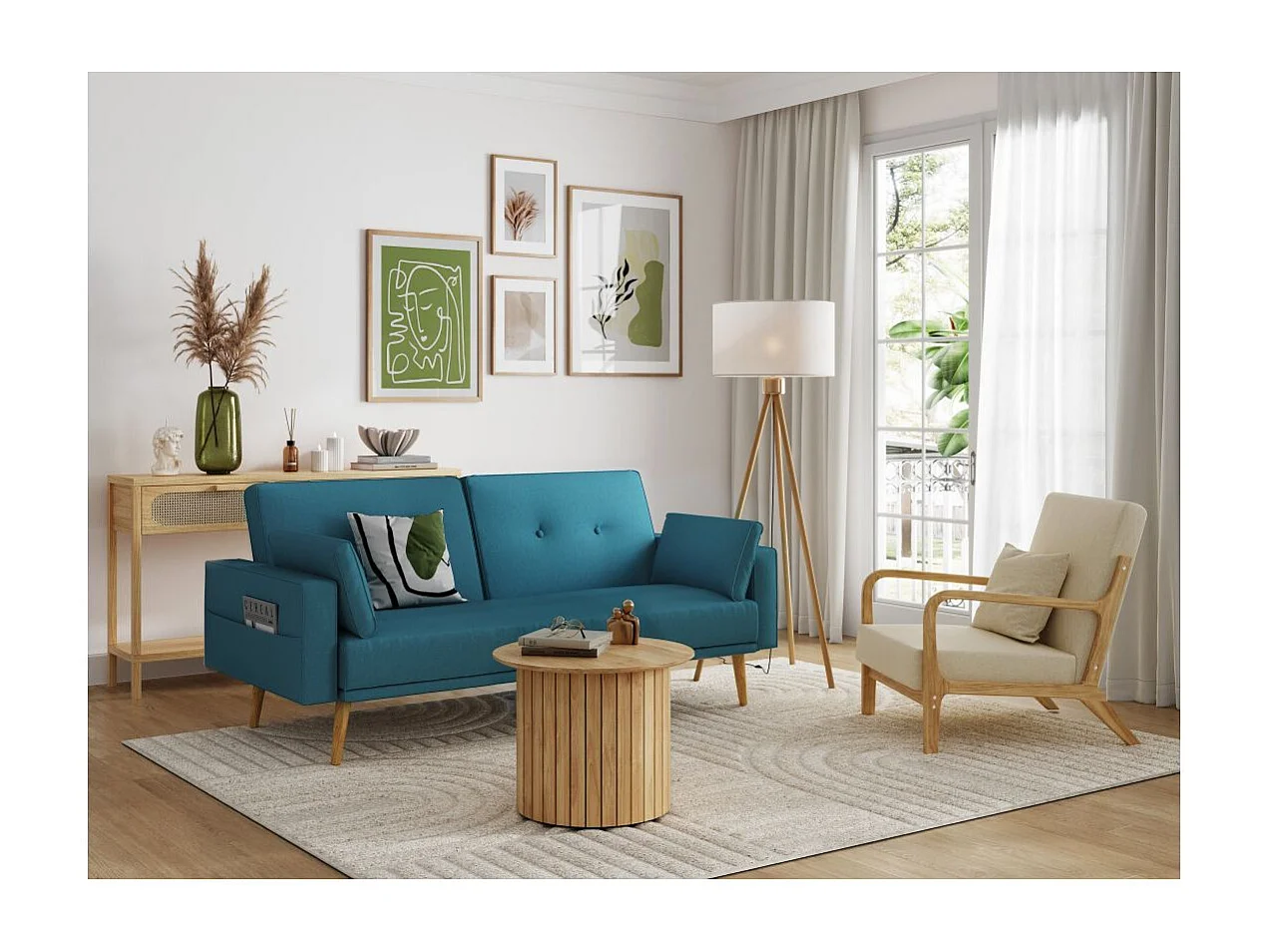 Canapé droit scandinave Elga convertible 3 places en tissu - Bleu - L205 x 87 x 85cm - Loungitude