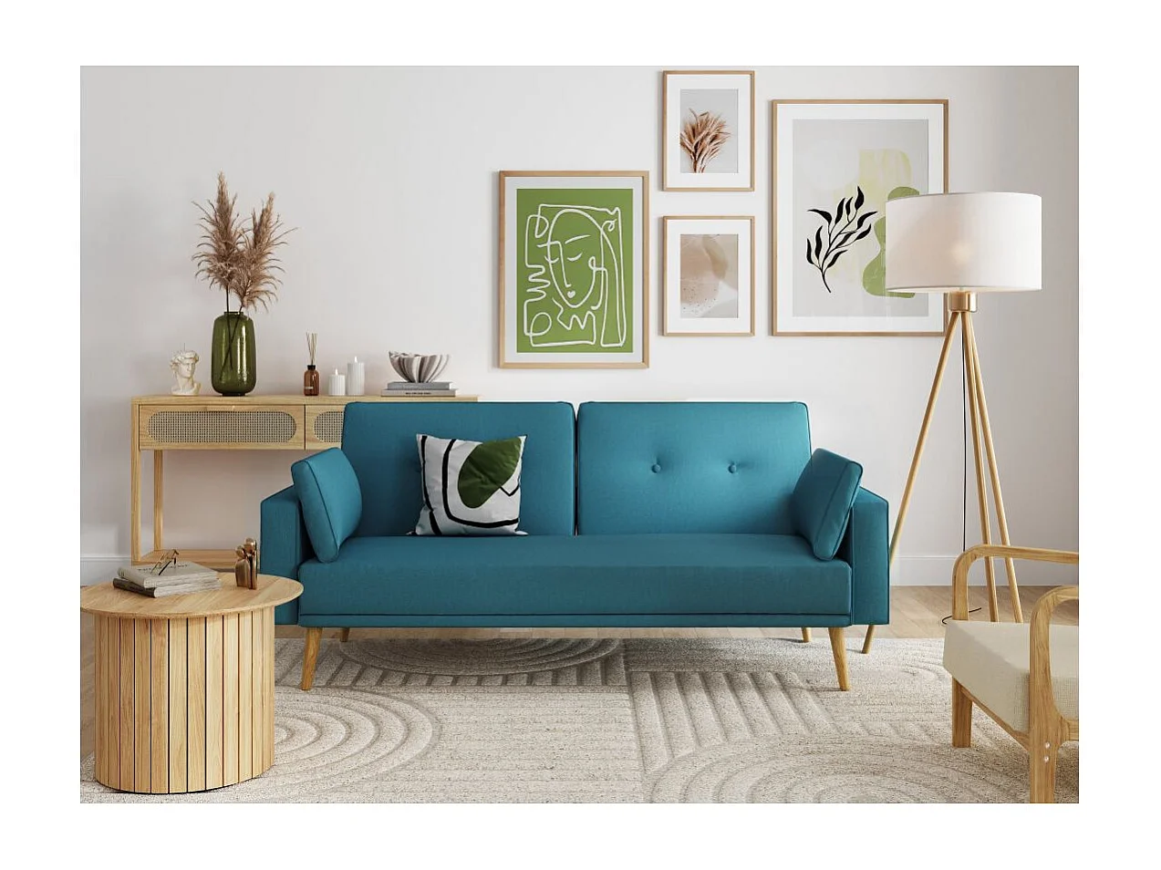 Canapé droit scandinave Elga convertible 3 places en tissu - Bleu - L205 x 87 x 85cm - Loungitude
