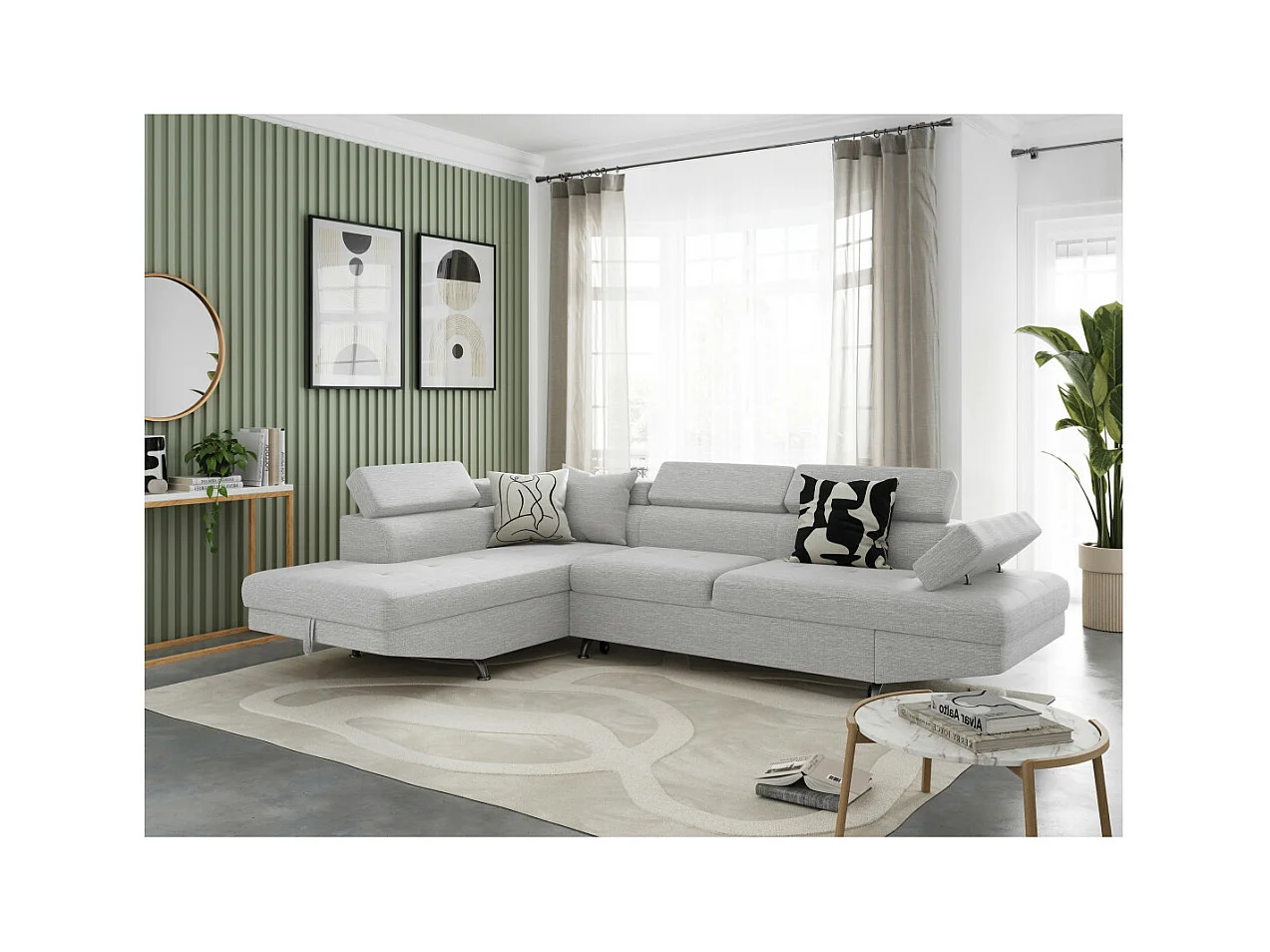 Canapé d'angle gauche 5 places Rio Convertible avec coffre en tissu - Gris perle - L271 x P192 x H70cm - Loungitude