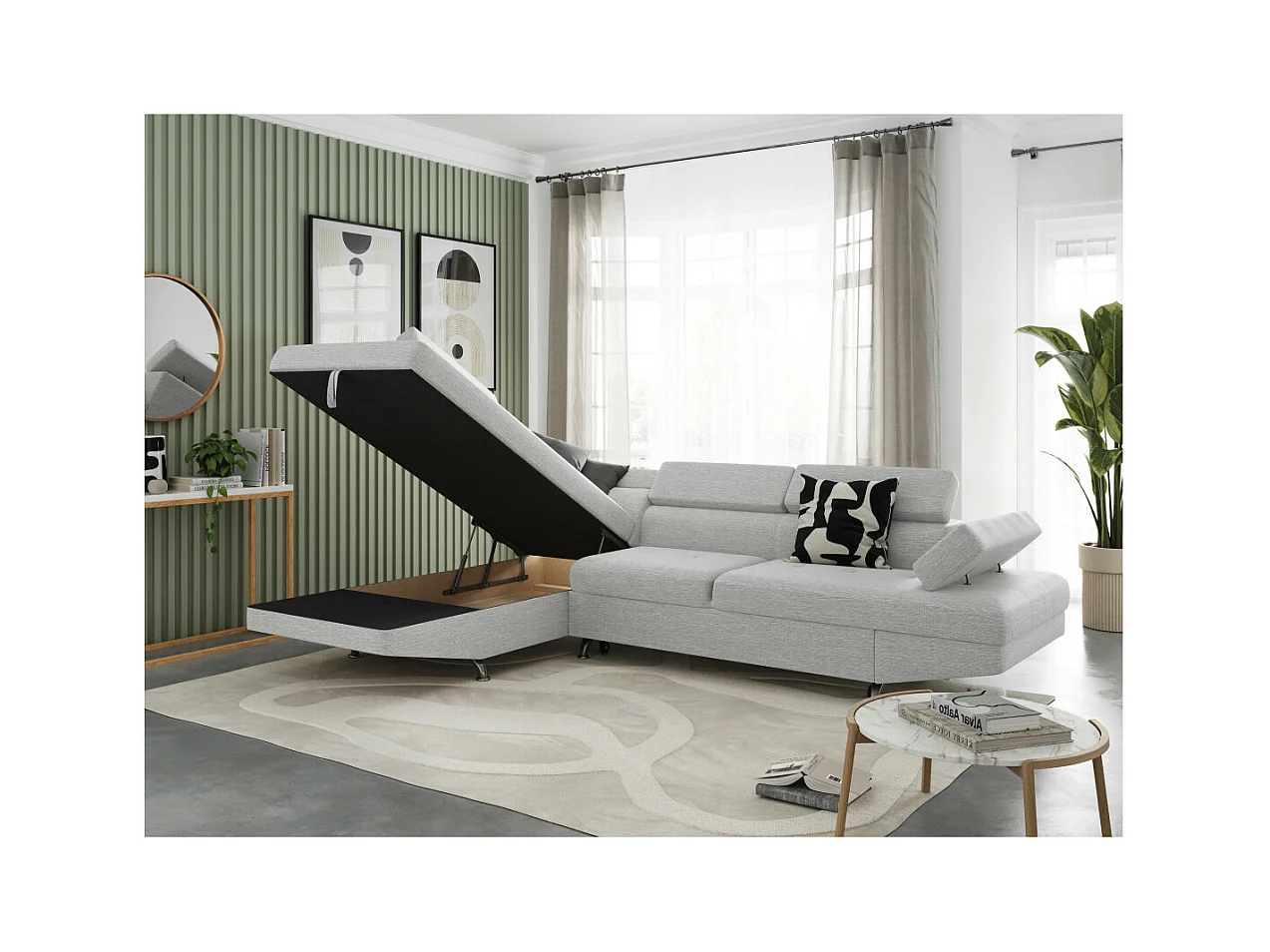 Canapé d'angle gauche 5 places Rio Convertible avec coffre en tissu - Gris perle - L271 x P192 x H70cm - Loungitude