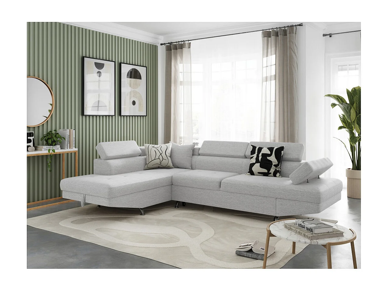 Canapé d'angle gauche 5 places Rio convertible avec coffre en tissu - Gris perle - L271 x P192 x H70cm - Loungitude